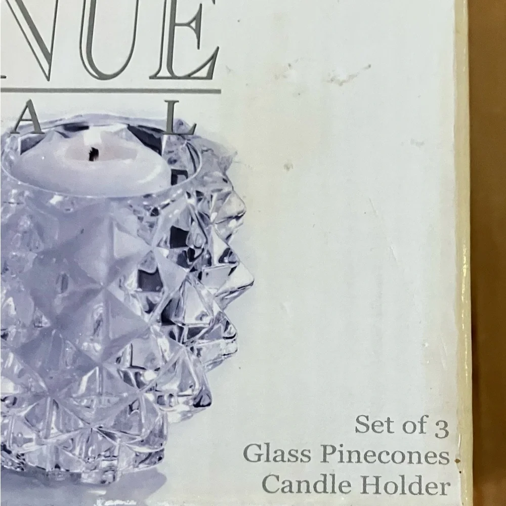 NEW Fifth Avenue Crystal Glass Pinecone Candle Holders - Set of 3, incl candles